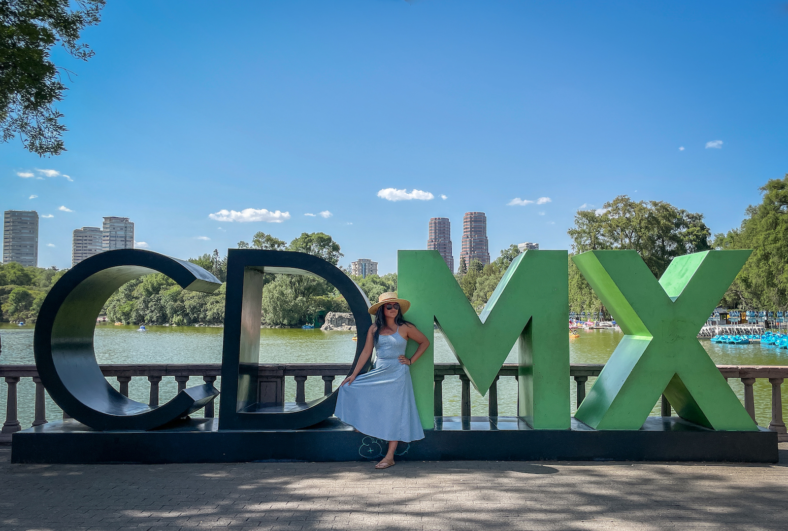 Mexico City CDMX Sign Chapultepec Park PACT Fit and Flare Midi Dress Gigi Pip Straw Boater Hat